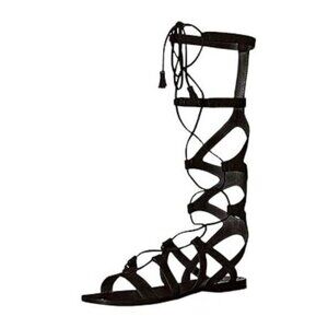YDN Women Sexy Knee High Lace up Flats Fringe Low Heel Gladiator Strap Sandals